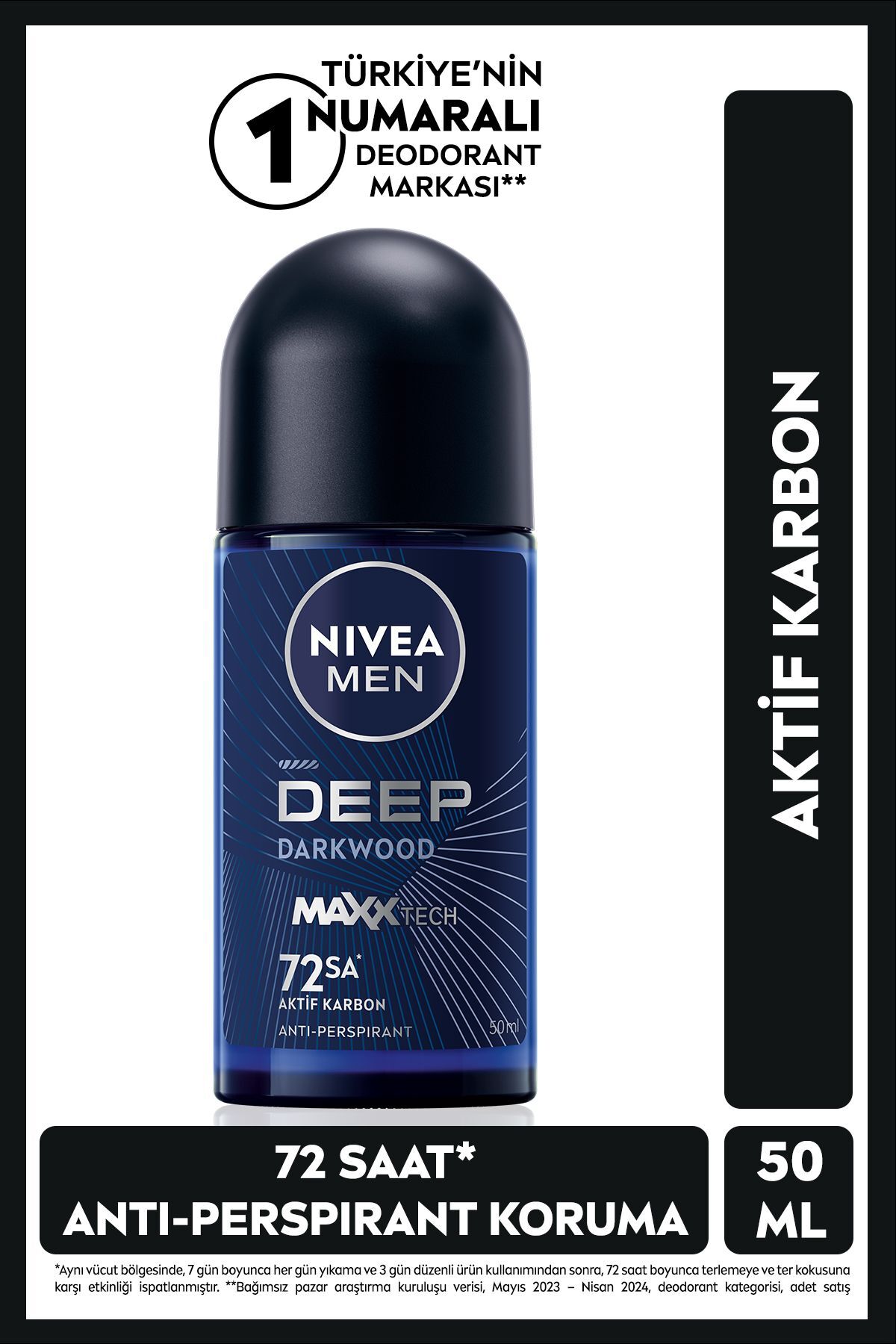MEN Erkek Roll-on Deodorant Deep Dimension 50ml, 72 Saat Anti-Perspirant Koruma, Aktif Karbon